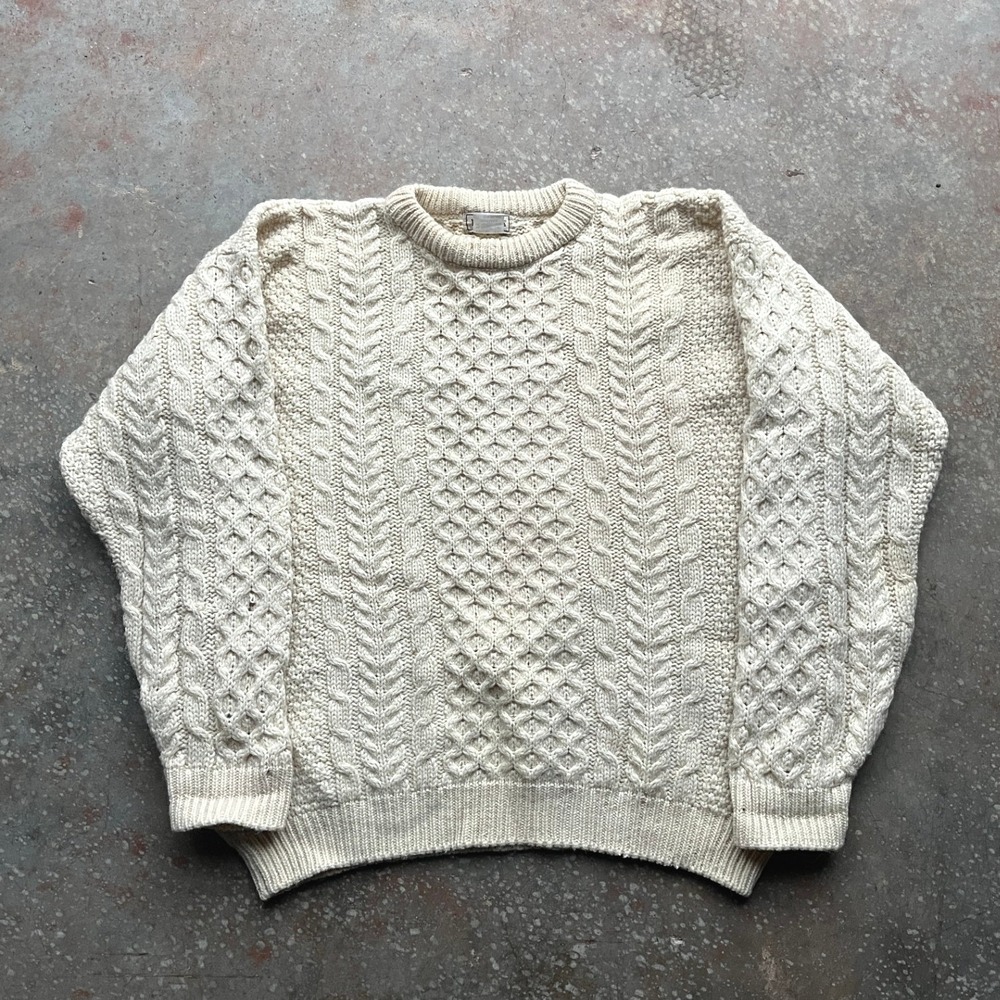 VTG LL Bean Mens Large Fisherman Sweater Cream Wool Cable Knit Made in Ireland